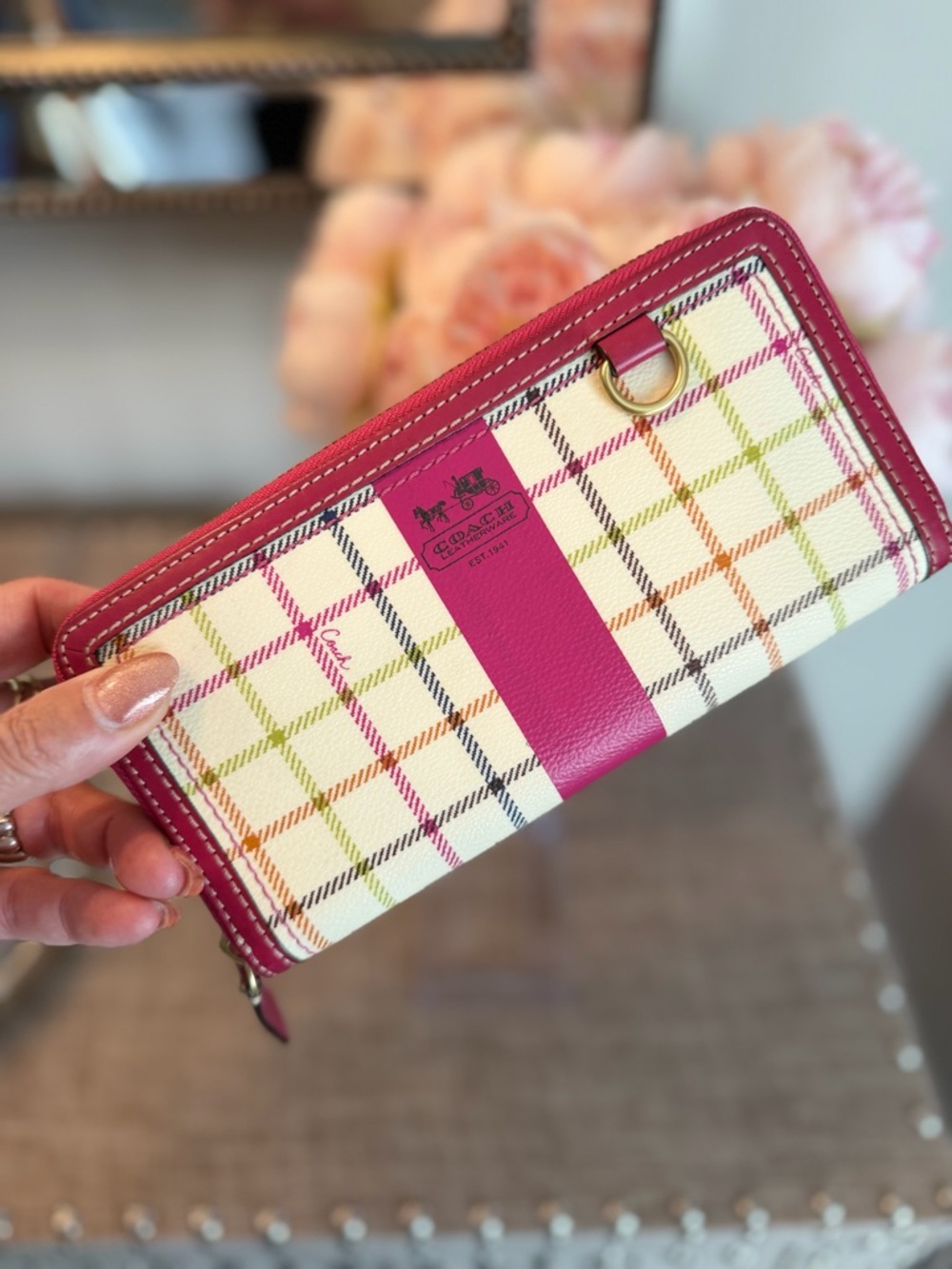 Coach Poppy Pink Plaid Zip-Around Wallet with Multicolor Checked Pattern - Picture 9 of 15